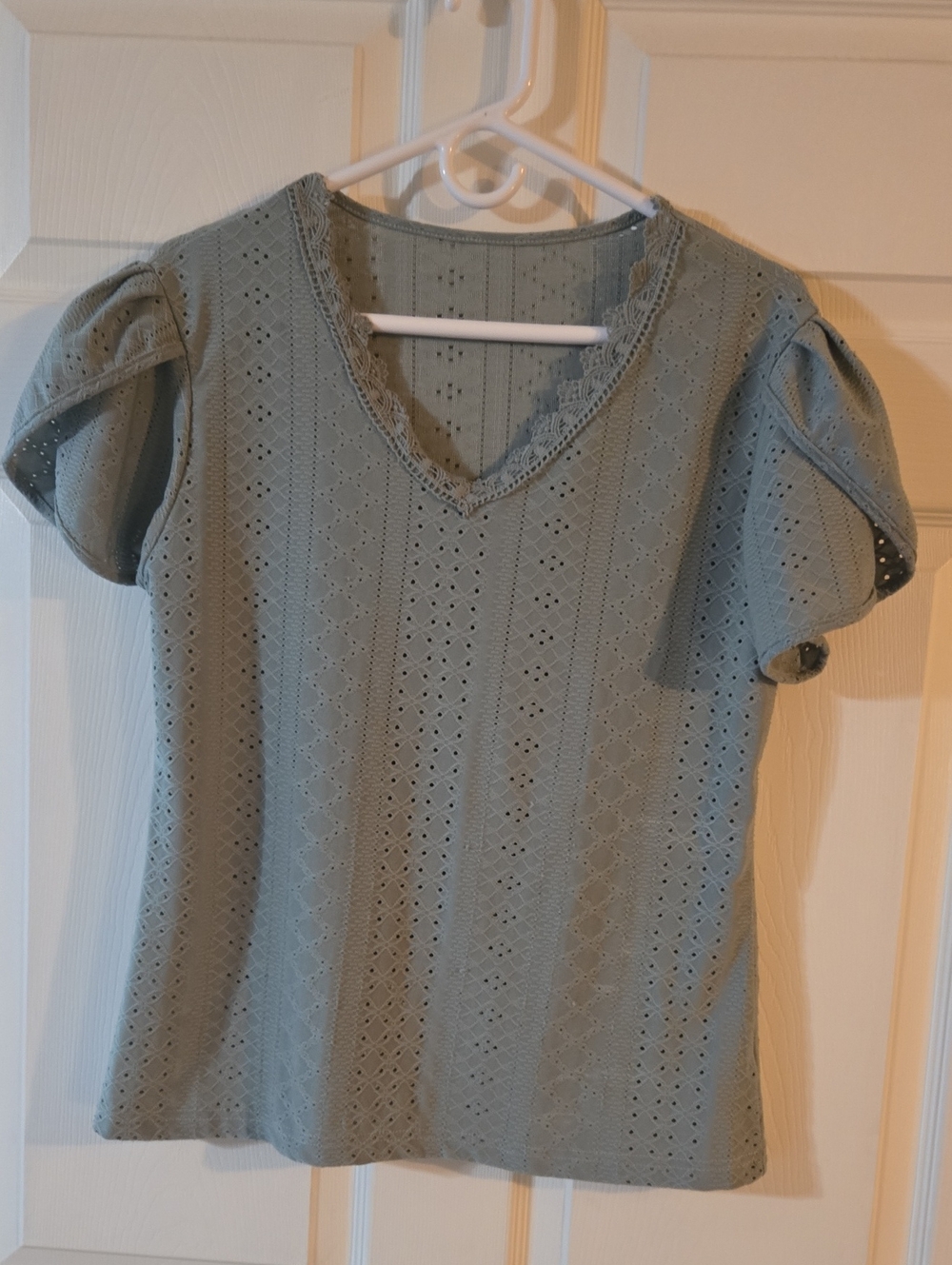 Eyelet V-Neck Puff Sleeve Top — Sage Green L